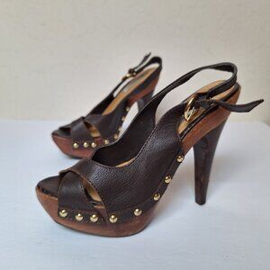 Vintage Steve Madden studded leather slingback sandals peep toe wood platform